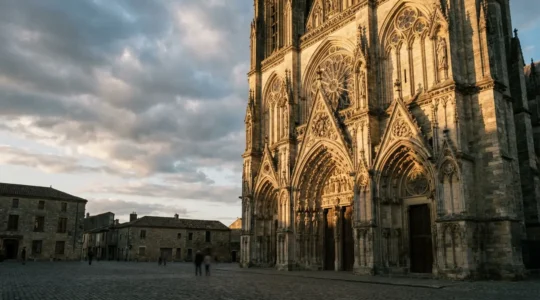 Détails architecturaux de la façade d'une cathédrale gothique française avec rosace et portail sculpté