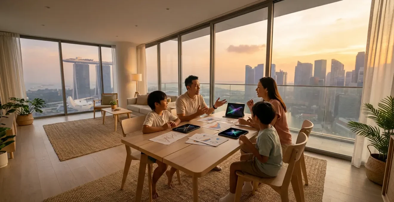 Famille planifiant son budget autour d'une table avec vue sur les gratte-ciels de Singapour