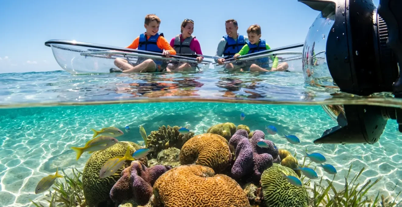 Famille pratiquant le kayak transparent dans les eaux cristallines de la réserve Cousteau en Guadeloupe