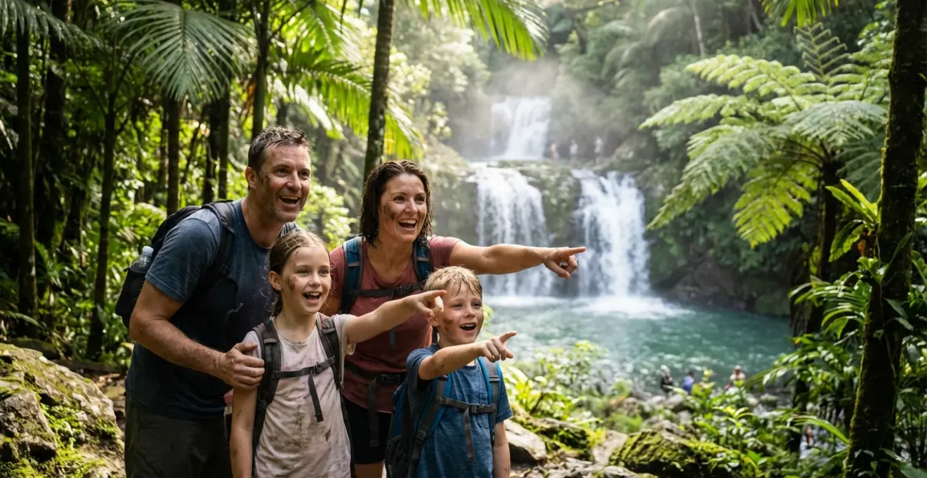 Famille avec enfants découvrant une cascade tropicale accessible lors d'une randonnée adaptée aux familles