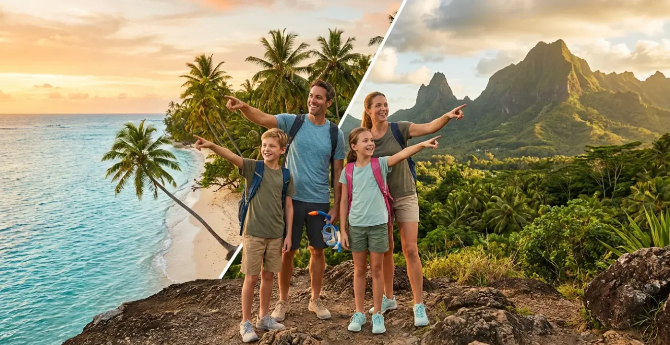 Famille heureuse contemplant à la fois une plage turquoise et un volcan tropical, représentant le choix entre la Guadeloupe et La Réunion pour des vacances sportives