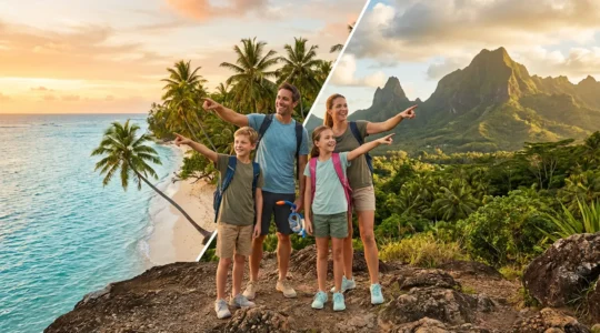 Famille heureuse contemplant à la fois une plage turquoise et un volcan tropical, représentant le choix entre la Guadeloupe et La Réunion pour des vacances sportives
