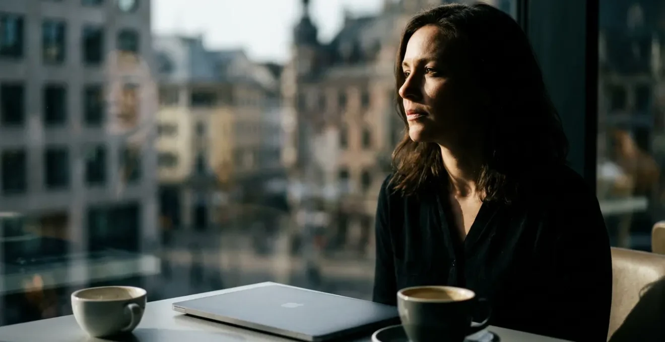 Femme expatriée en pleine réflexion devant son ordinateur portable dans un café