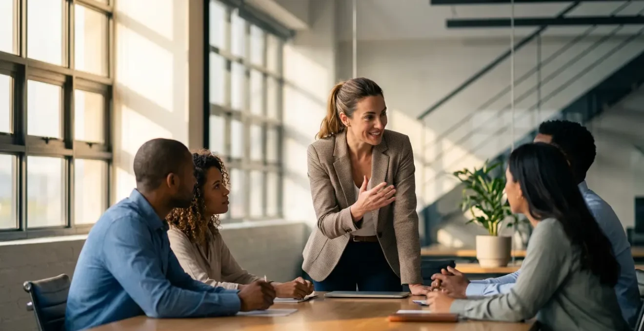Professionnel français en réunion internationale avec des collègues de différentes nationalités