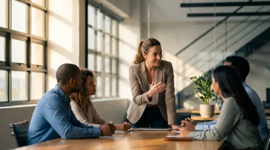 Professionnel français en réunion internationale avec des collègues de différentes nationalités
