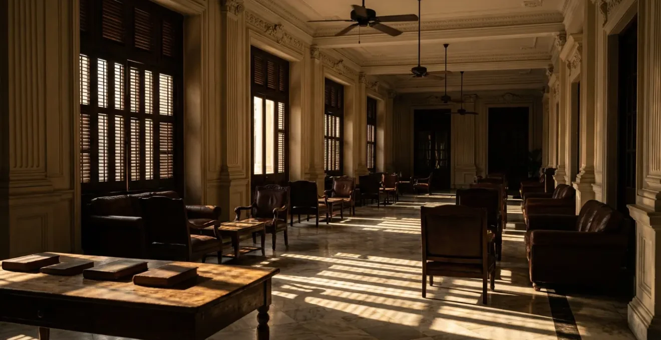 Hall majestueux d'un hôtel colonial avec lumière naturelle filtrant à travers les persiennes