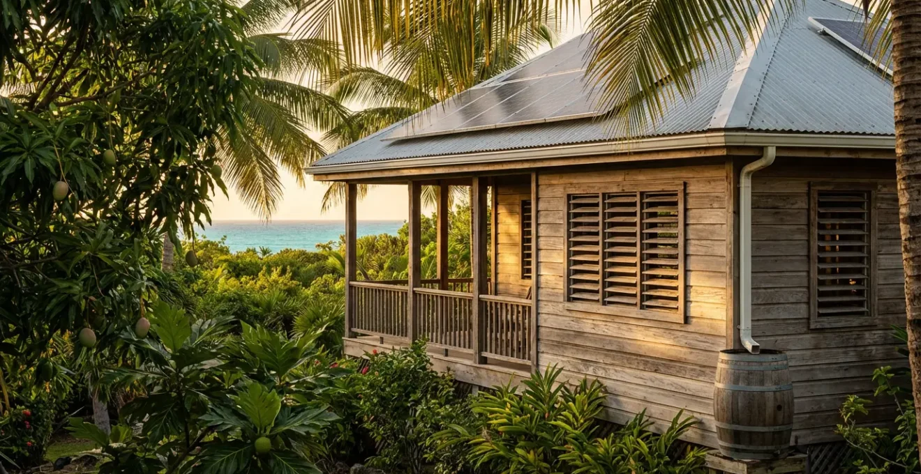 Gîte écologique traditionnel en bois créole situé en retrait du littoral martiniquais, entouré de végétation tropicale