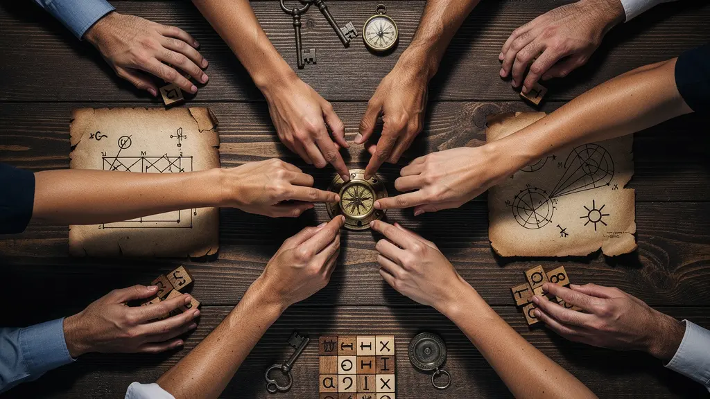 Table centrale avec objets trouvés organisés dans un escape game, mains d'équipe pointant vers différents indices