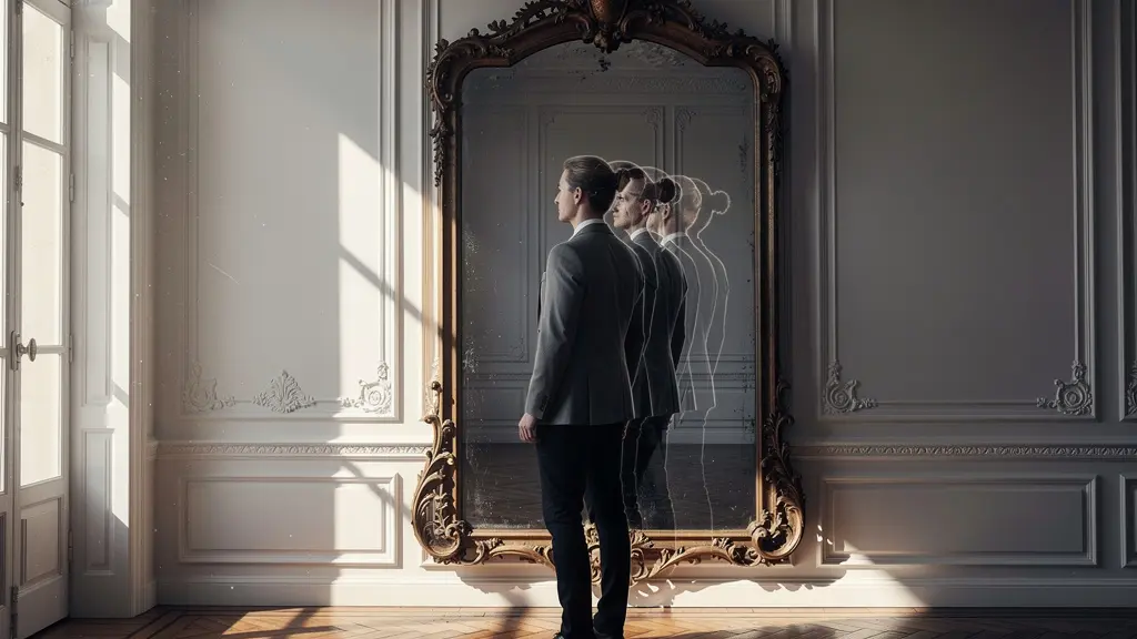Personne face à un miroir ancien montrant deux reflets différents symbolisant l'identité multiple de l'expatrié