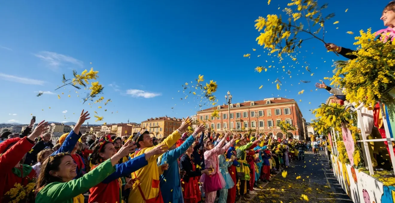 Participants costumés attrapant des mimosas lancés depuis un char fleuri, ambiance festive place Masséna