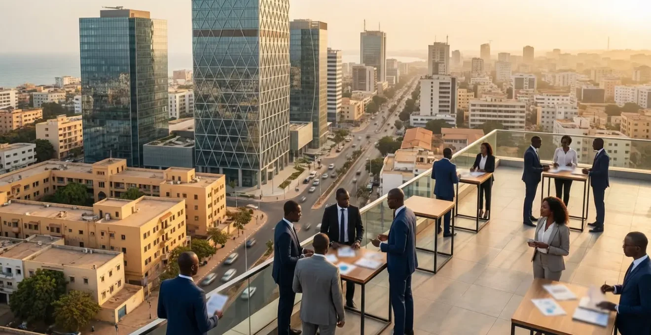 Vue aérienne de bureaux modernes à Casablanca avec négociations d'affaires entre entrepreneurs français et africains