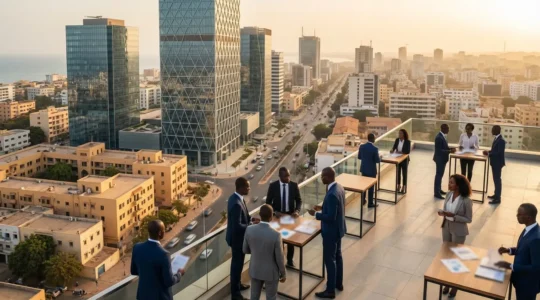 Vue aérienne de bureaux modernes à Casablanca avec négociations d'affaires entre entrepreneurs français et africains