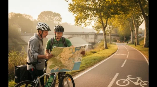 Couple de cyclistes débutants planifiant leur itinéraire sur une carte posée sur le guidon d'un vélo, au départ d'une voie verte française