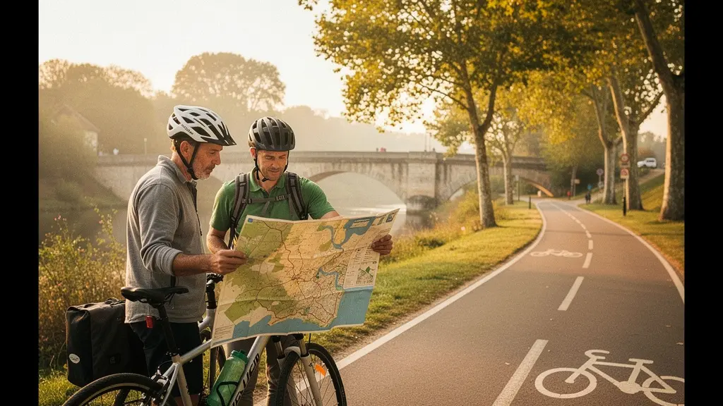 Couple de cyclistes débutants planifiant leur itinéraire sur une carte posée sur le guidon d'un vélo, au départ d'une voie verte française