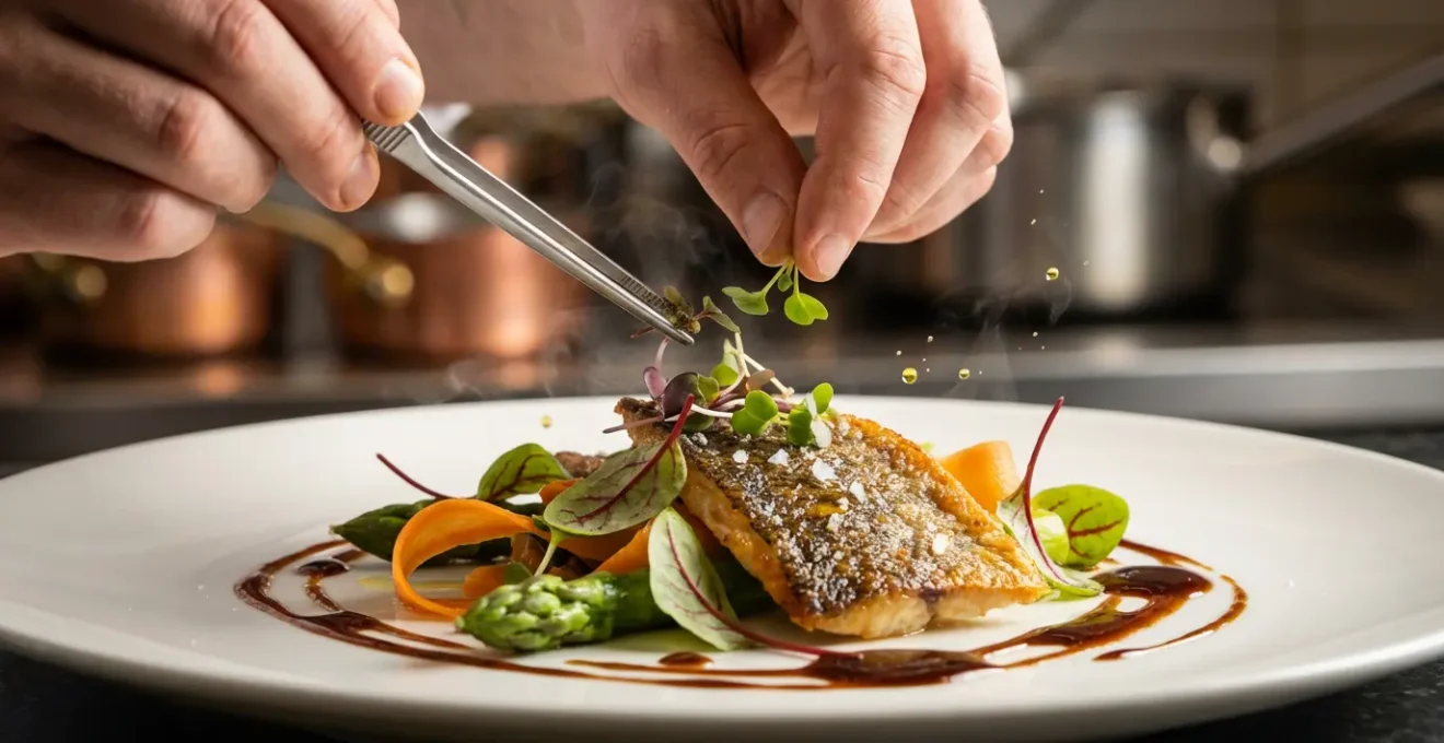 Jeune chef en action dans une cuisine ouverte de bistrot moderne