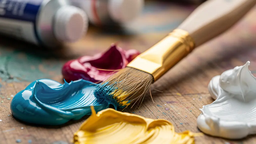 Vue macro de pinceaux et tubes de peinture disposés sur une palette en bois