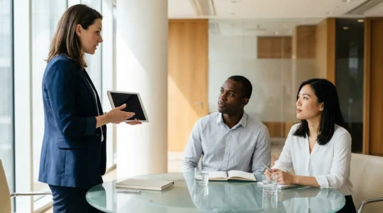 Professionnel multilingue en négociation internationale dans un bureau moderne