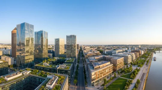 Vue architecturale moderne comparant les quartiers d'affaires de Lyon et Bordeaux avec des immeubles de bureaux et une atmosphère professionnelle