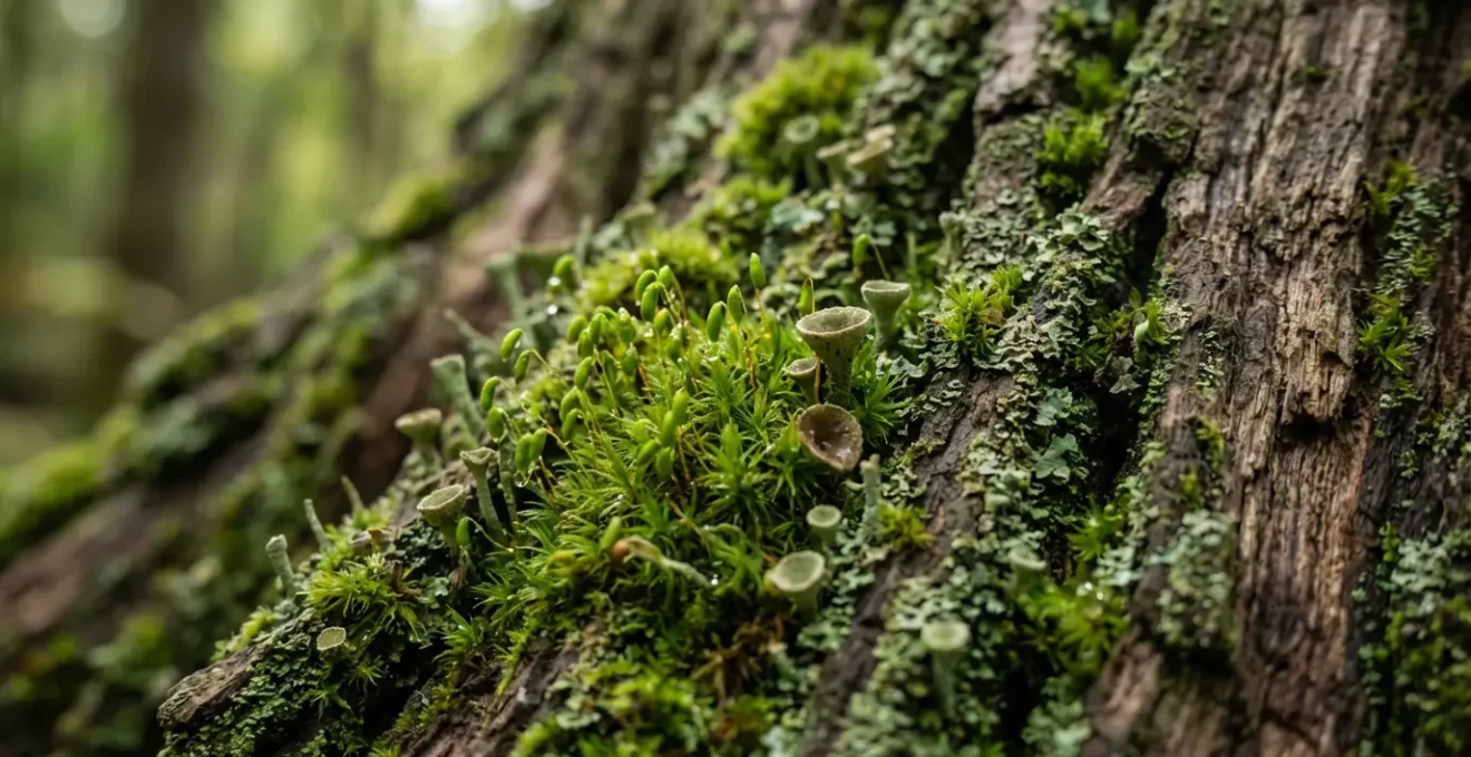 Détail macro de mousse et lichens sur tronc d'arbre en forêt française