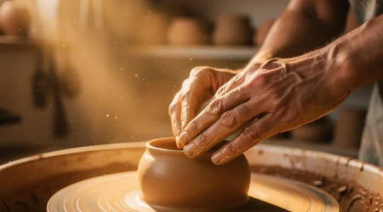 Mains d'un potier façonnant de l'argile sur un tour de poterie dans un atelier lumineux