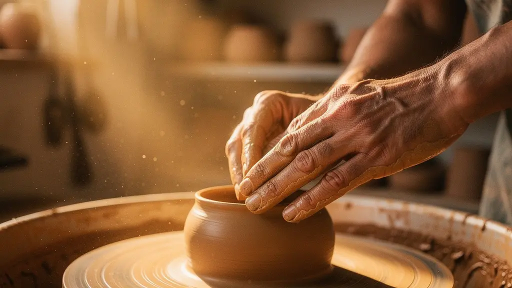 Mains d'un potier façonnant de l'argile sur un tour de poterie dans un atelier lumineux