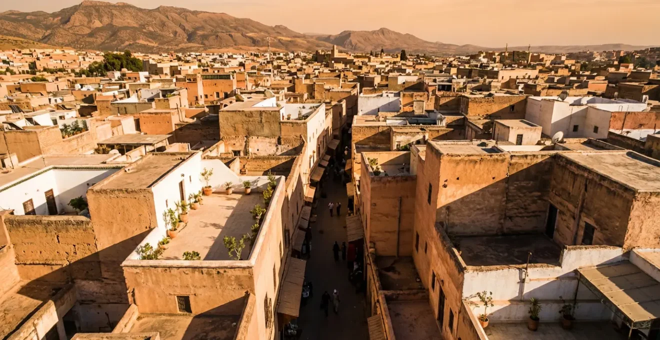 Vue aérienne des ruelles sinueuses d'une médina avec jeux d'ombre et de lumière