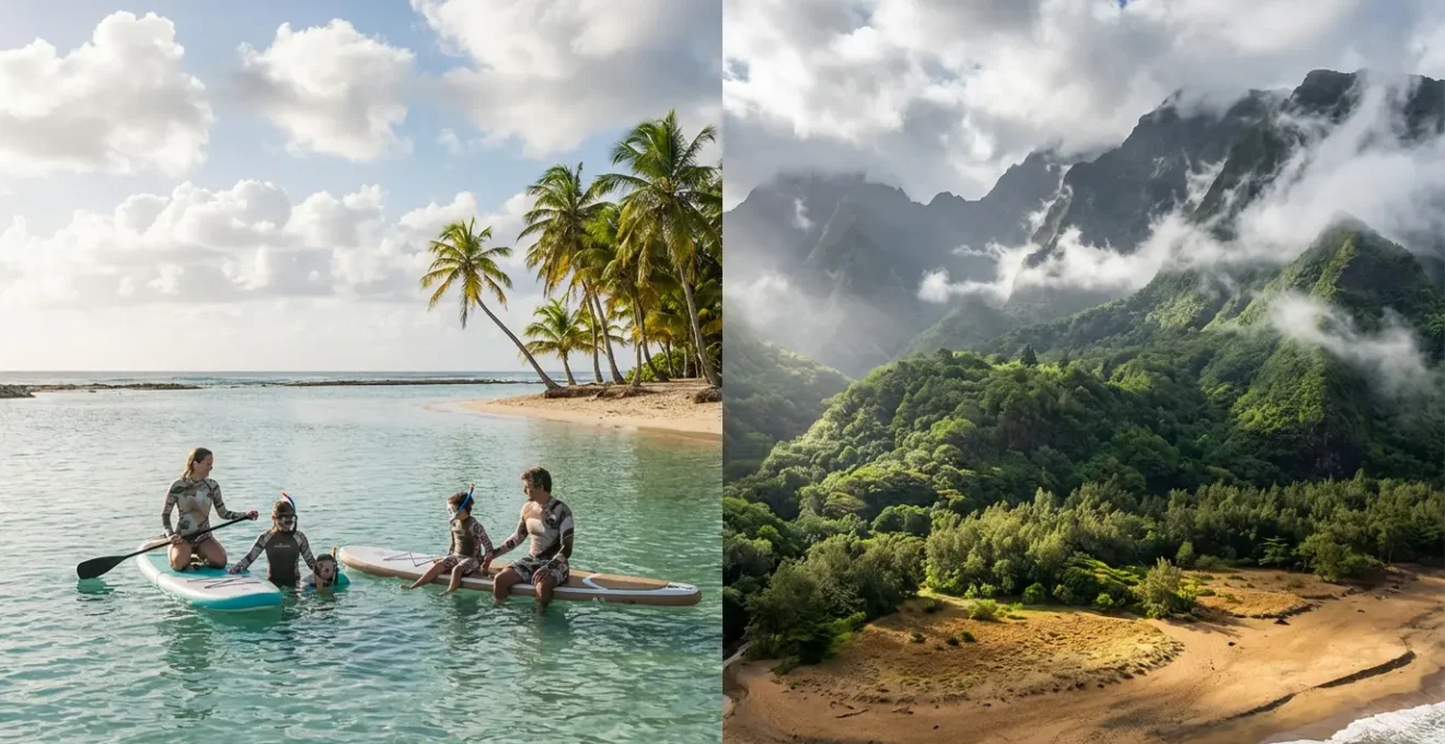 Carte illustrée montrant les différents micro-climats de la Guadeloupe et de La Réunion adaptés aux activités sportives familiales