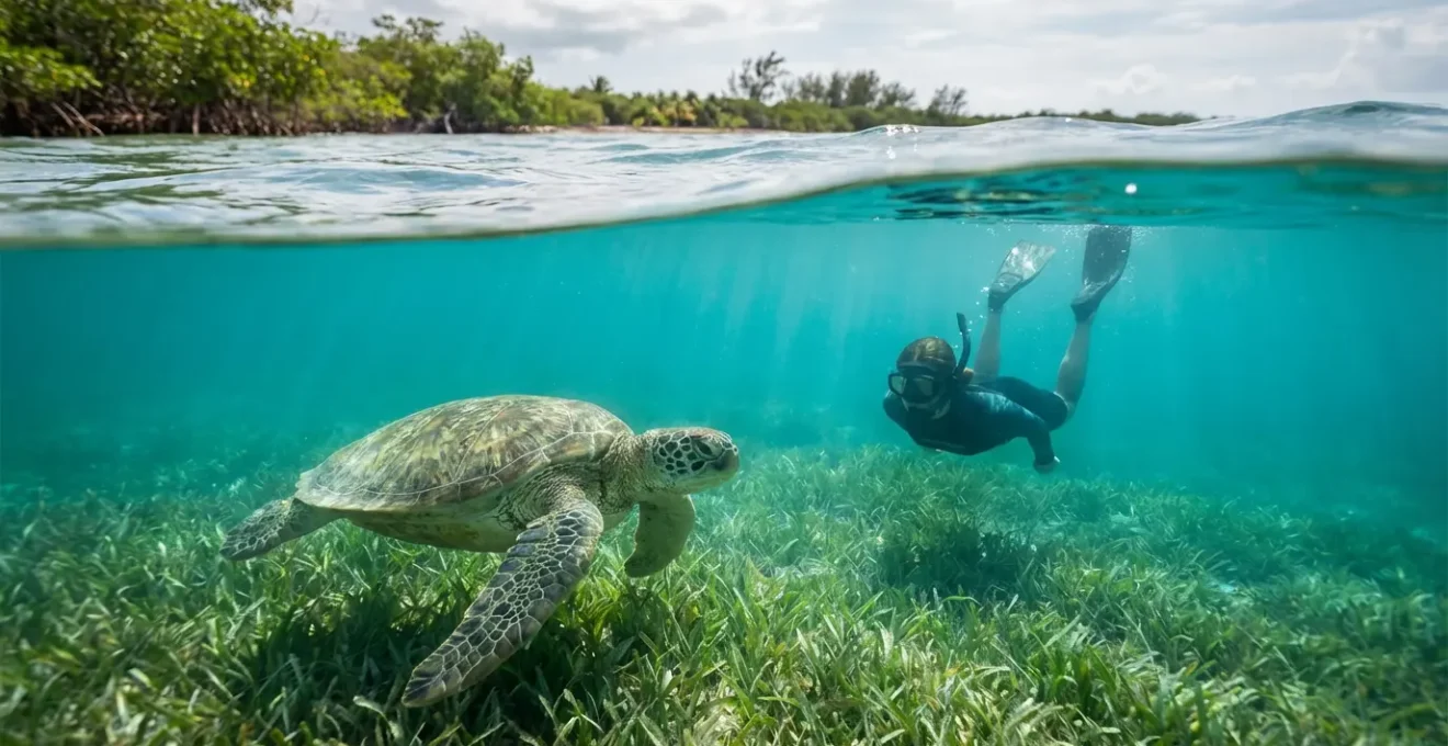 Snorkeler observant une tortue verte à distance respectueuse dans les eaux cristallines des Antilles