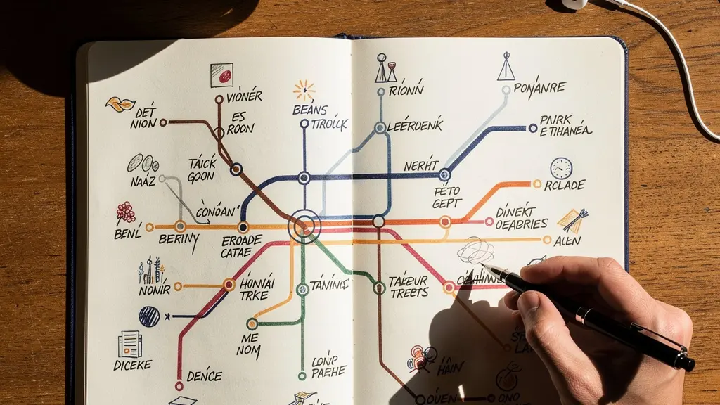 Vue artistique du plan de métro parisien transformé en carte mentale d'apprentissage