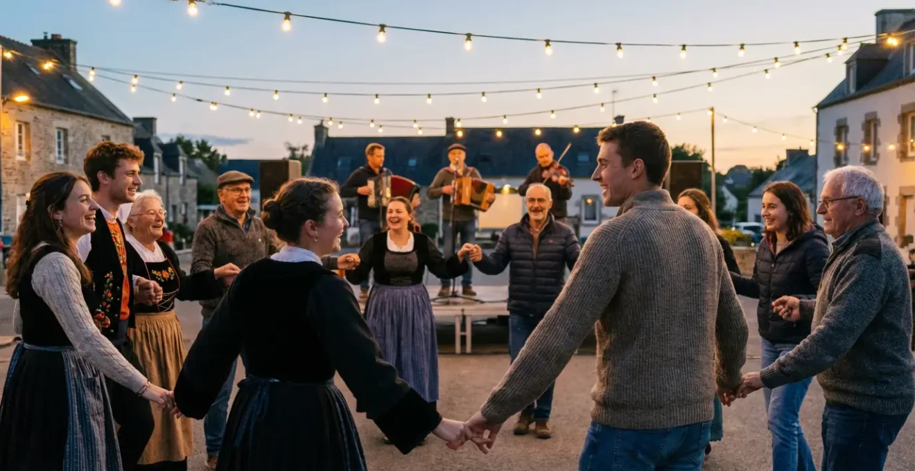 Groupe multigénérationnel dansant en ronde lors d'un fest-noz breton, mains liées par l'auriculaire, vêtements traditionnels et modernes mélangés, ambiance festive