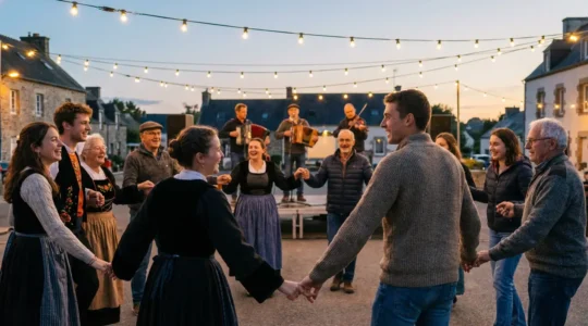 Groupe multigénérationnel dansant en ronde lors d'un fest-noz breton, mains liées par l'auriculaire, vêtements traditionnels et modernes mélangés, ambiance festive