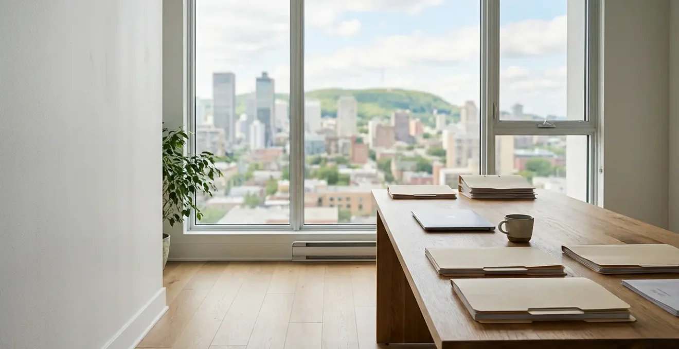 Bureau moderne avec documents administratifs et vue sur Montréal en arrière-plan