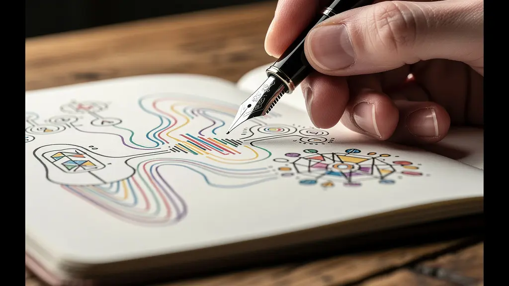 Main tenant un stylo au-dessus d'un carnet avec des formes abstraites et des ondes sonores colorées