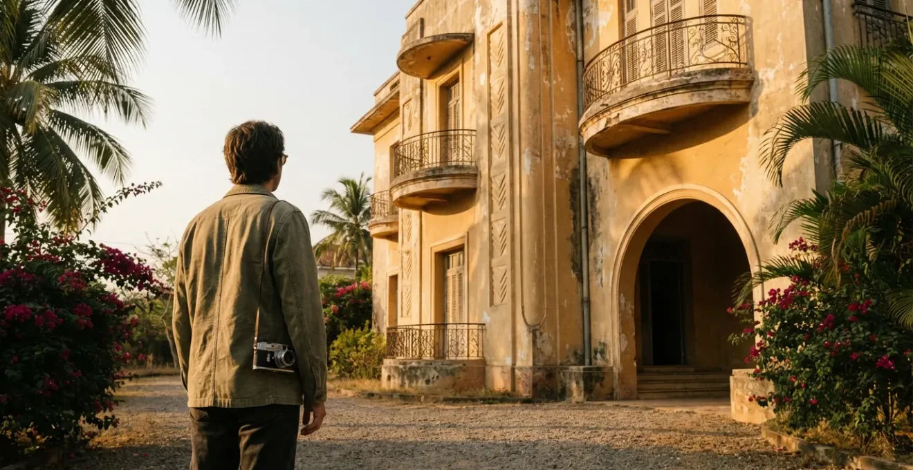 Photographe contemplant une villa Art Déco à Dalat dans la lumière dorée du matin avec ses détails architecturaux caractéristiques