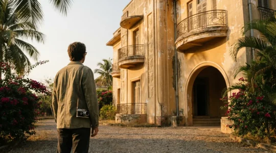 Photographe contemplant une villa Art Déco à Dalat dans la lumière dorée du matin avec ses détails architecturaux caractéristiques