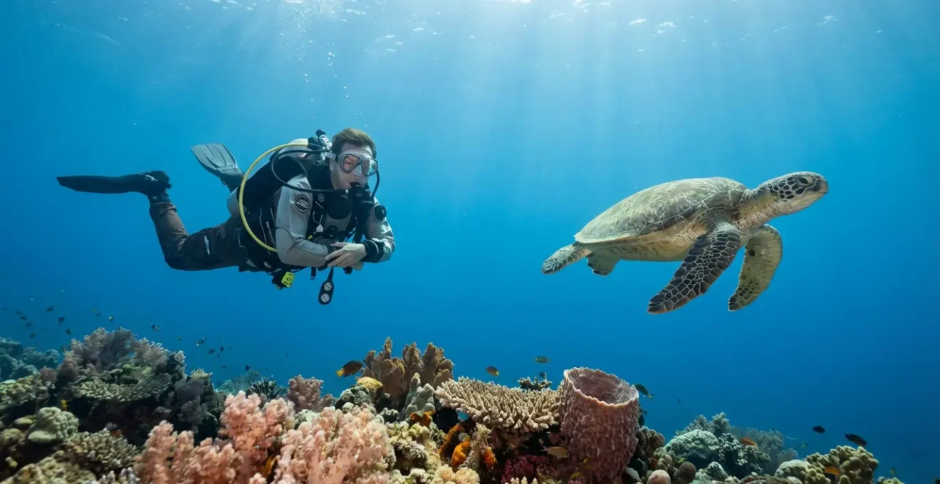 Plongeur en flottabilité neutre observant une tortue marine à distance respectueuse