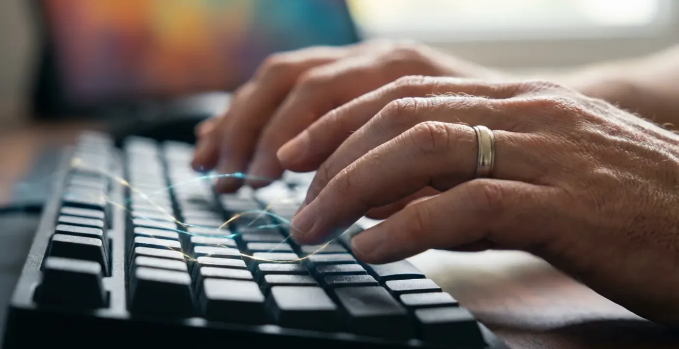 Gros plan sur les mains d'un professionnel travaillant sur son réseau avec des fils lumineux symbolisant les connexions