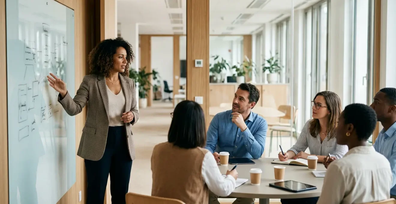 Professionnels internationaux en réunion d'affaires dans un environnement moderne