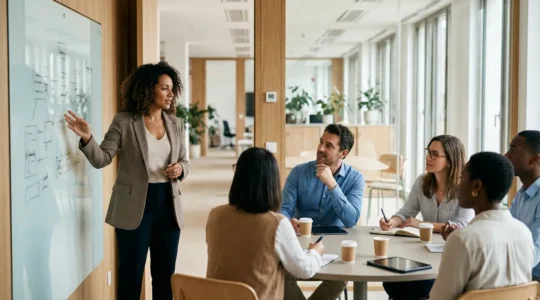 Professionnels internationaux en réunion d'affaires dans un environnement moderne