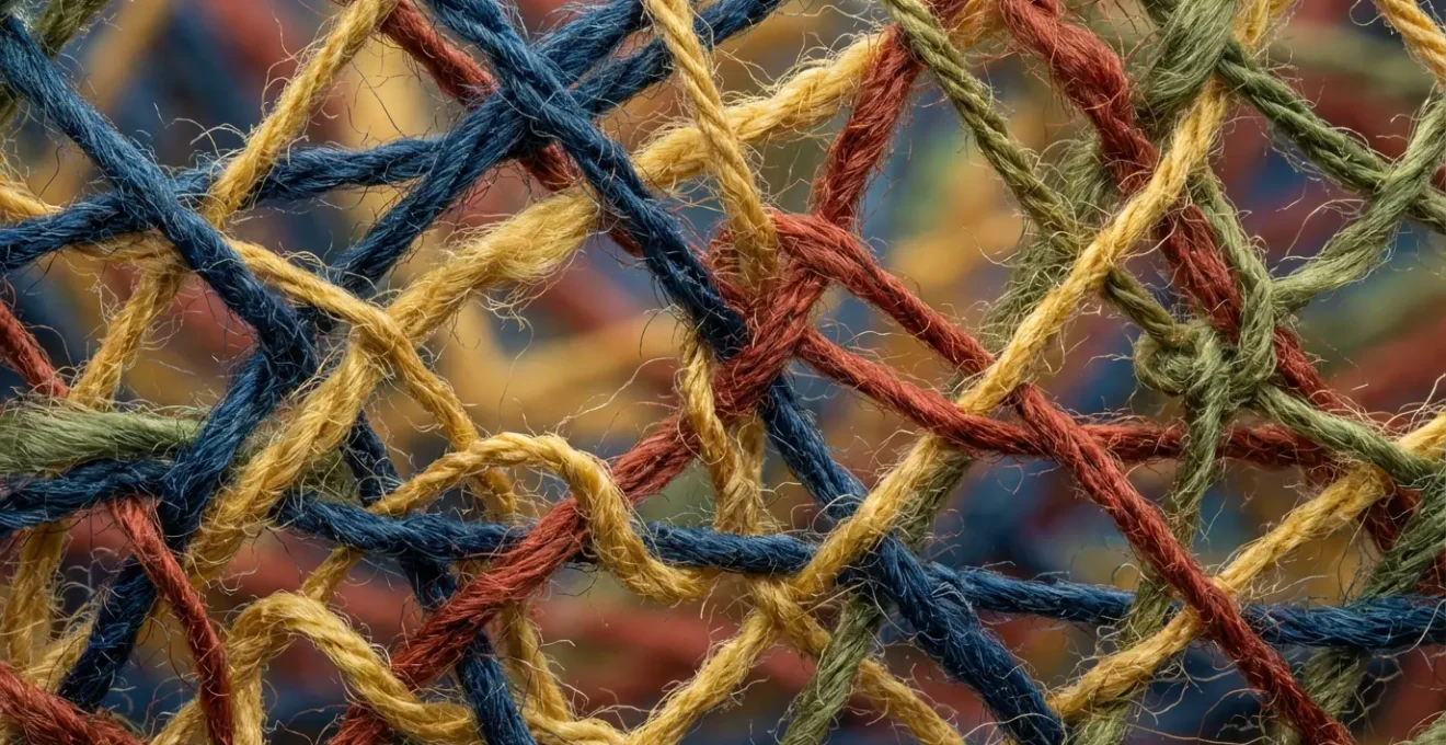 Vue macro d'un réseau de connexions professionnelles représenté par des fils colorés entrelacés formant un motif complexe