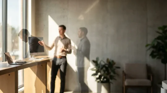 Professionnels polyvalents collaborant dans un espace de travail moderne avec différentes compétences représentées visuellement