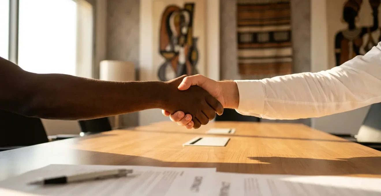 Mains d'investisseurs africains et européens se serrant au-dessus de documents contractuels dans un bureau moderne à Dakar