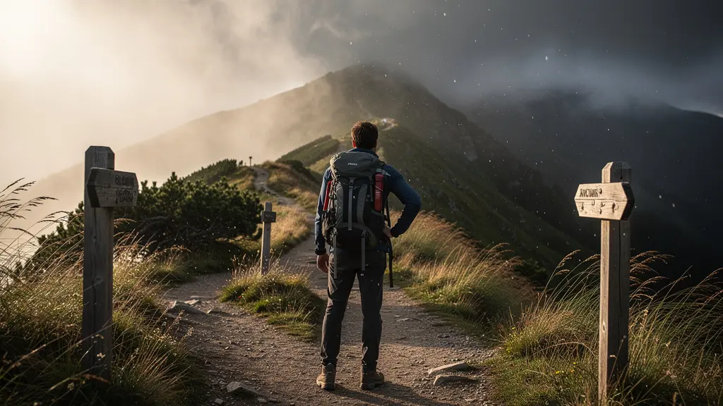 Randonneur à la croisée des chemins analysant les conditions météo en montagne