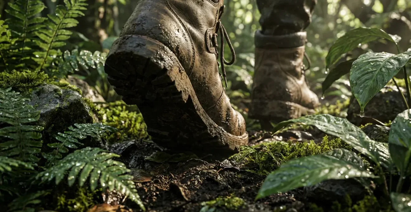 Randonneur équipé traversant un sentier de jungle au Laos