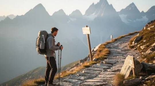 Randonneur s'entraînant sur un sentier de montagne avec sac à dos, vue sur les sommets alpins au loin