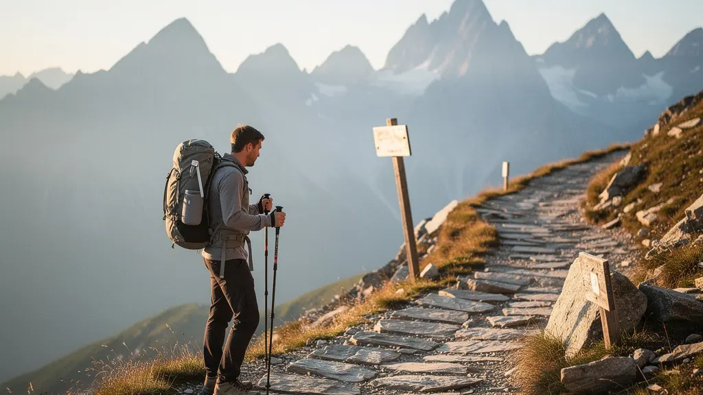 Randonneur s'entraînant sur un sentier de montagne avec sac à dos, vue sur les sommets alpins au loin