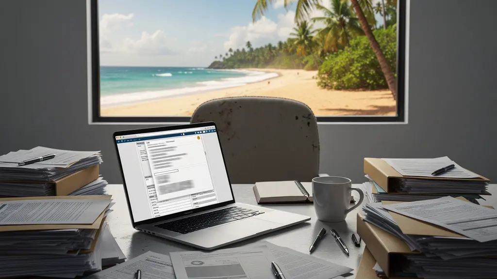 Bureau encombré de documents administratifs avec une vue sur une plage paradisiaque par la fenêtre, illustrant le contraste entre rêve et réalité