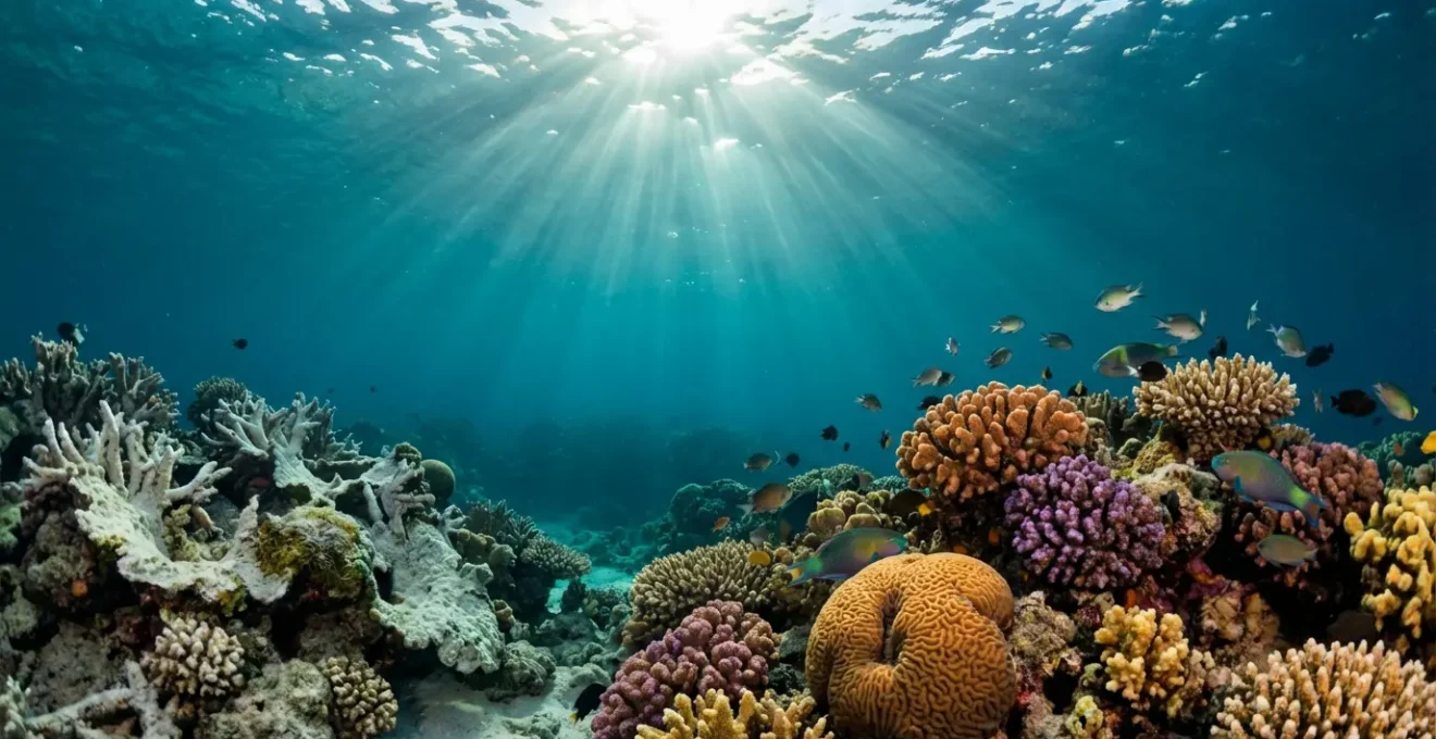 Récif corallien coloré avec rayon de lumière sous-marine révélant la menace invisible des produits solaires