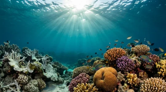 Récif corallien coloré avec rayon de lumière sous-marine révélant la menace invisible des produits solaires