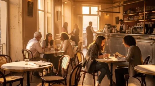 Personnes diversifiées partageant un moment convivial dans un café français lumineux